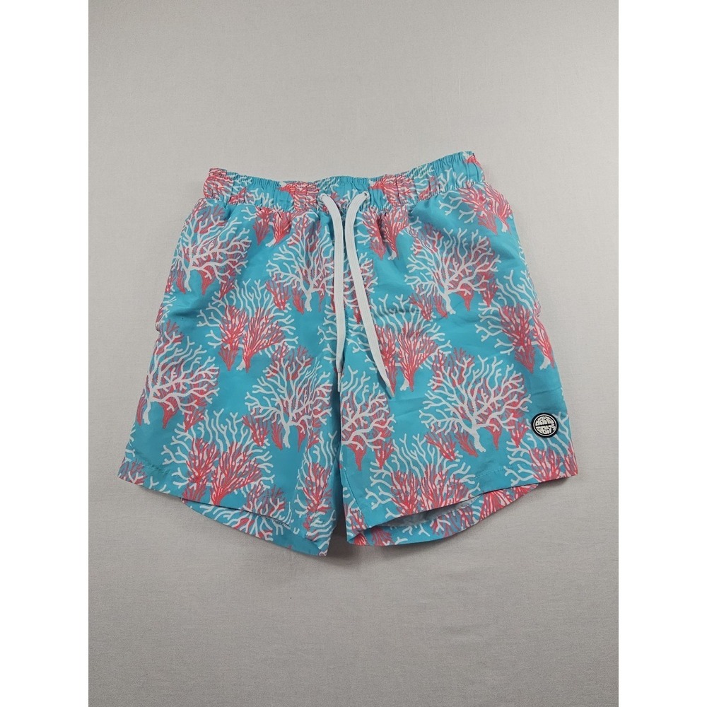 Hang Ten Men's M‎ Swim Trunks Coral Reef Blue Pink Elastic Waist Drawstring